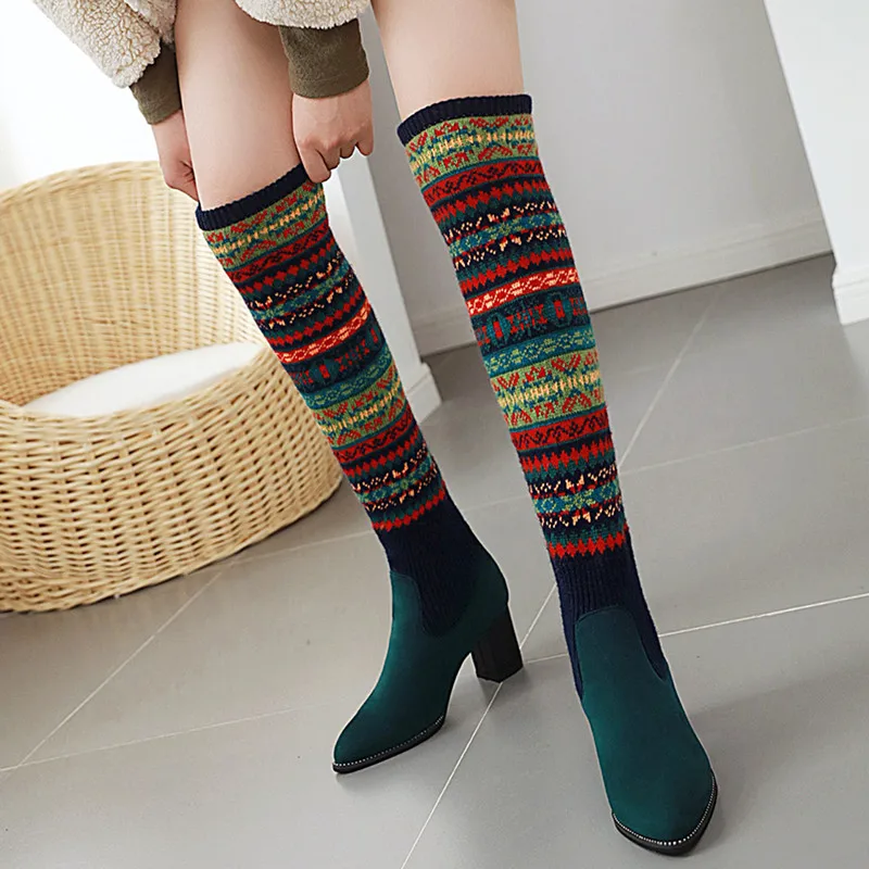 В полоску Женские ботфорты выше колена Обувь с высоким голенищем 2020 эластичные
