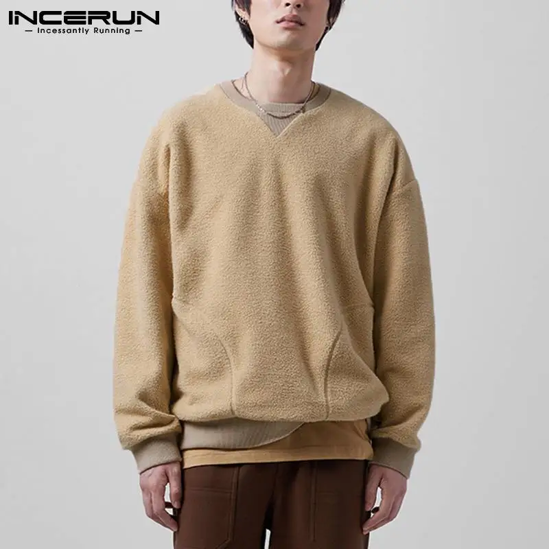

INCERUN Men Hoodies Polar Fleece Patchwork Round Neck Long Sleeve Streetwear Casual Sweatshirts 2021 Autumn Cozy Pullovers S-5XL