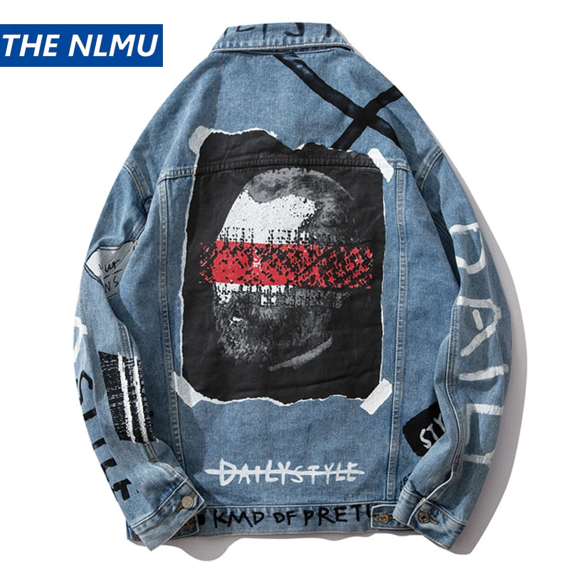 Мужская джинсовая куртка с принтом персонажа винтажная уличная дырками модель