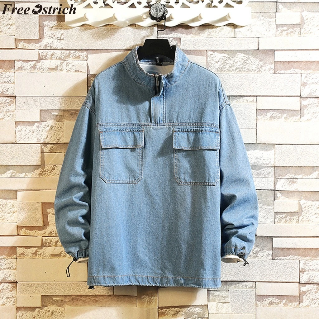 

FREE OSTRICH Men Jacket 2019 Men's Casual Tooling Loose Stand Collar Pockets Pullover Denim Jacket Coat Tops,Windproof jacket