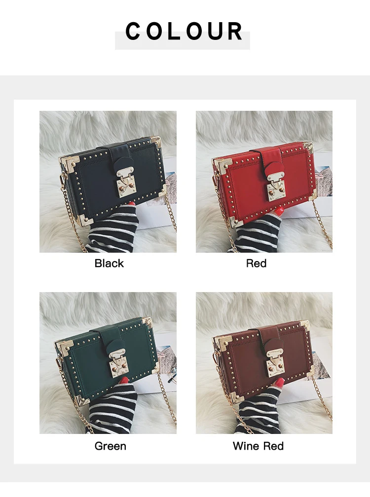 Fashion Vintage Rivet Designer Bag Box Style Buckle PU Women Clutch Bag Chain Purse Shoulder Bag Crossbody Small Flap Handbag
