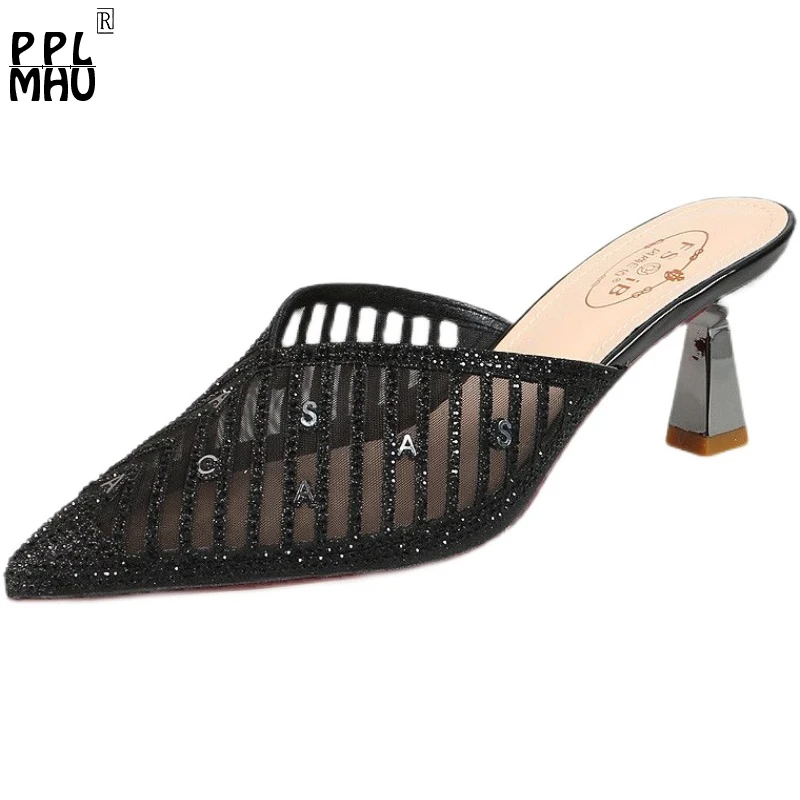 

2021 New High-heeled Sandals Women Summer Wear All-match Fashion Baotou Pointed Toe Gauze Rhinestone Half Slippers Women