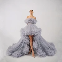 charming gray gorgeous fluffy tulle prom dresses boat neck ruffles hi lo ball gown women long elegant evening gowns custom made