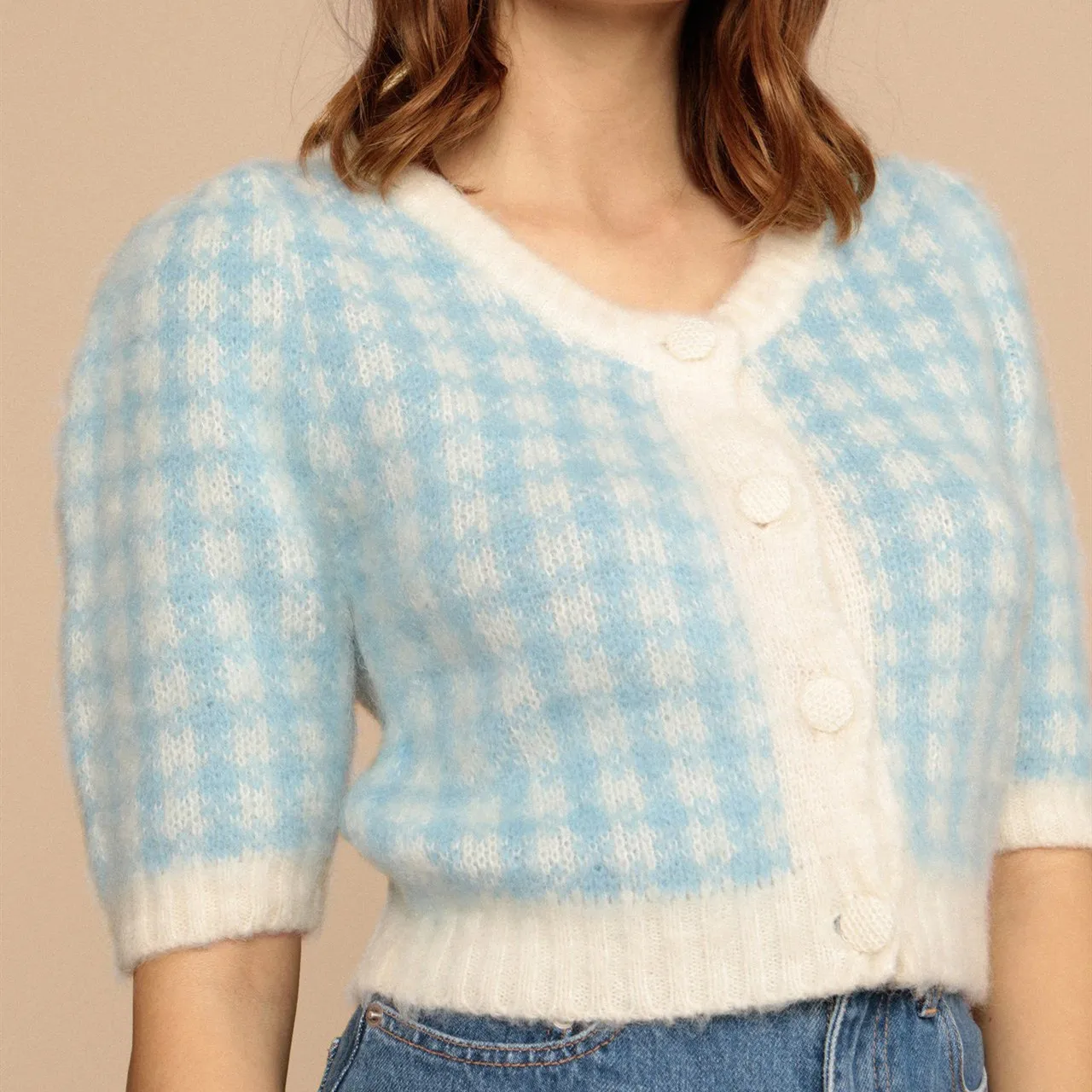 

Women Vintage Plaid Mohair Sweater O-neck Knit Short Sleeve Single Breasted Cardigan