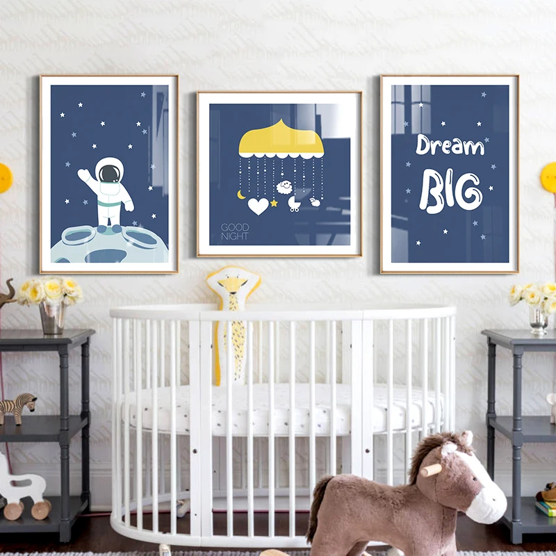 Cartoon astronaut planet rocket english alphabet Wall Art Print Picture Canvas Painting Poster for bedroom nursery kids decor