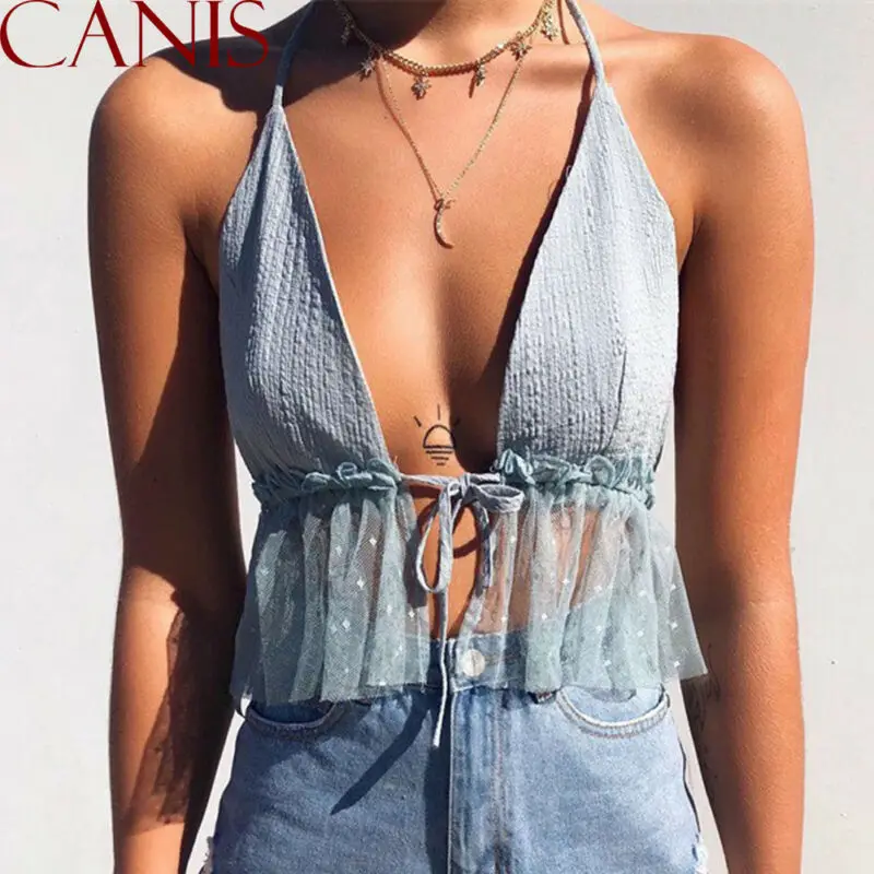 Новые женские синие повседневные тонкие топы с лямкой на шее и прозрачной