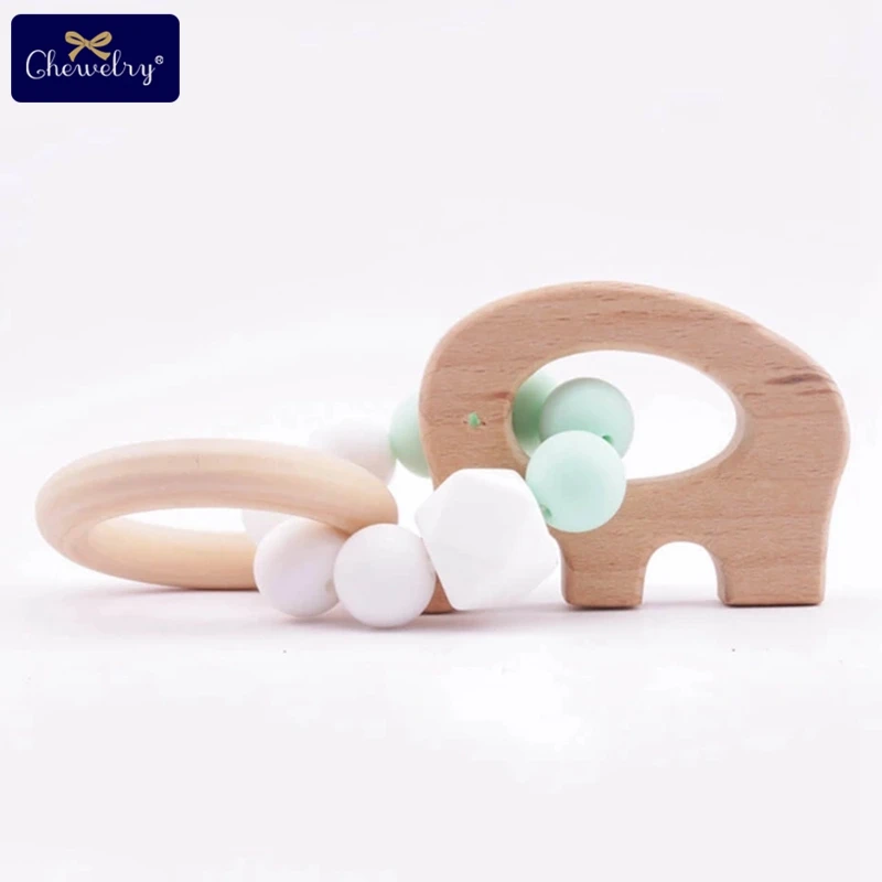 Silicone elephant 1 шт., детский браслет Teethe Woden, Ювелирное Украшение из бука, деревянное кольцо, персонализированные детские силиконовые бусины, детская коляска-погремушка, Товары для детей - Цвет: Silicone elephant