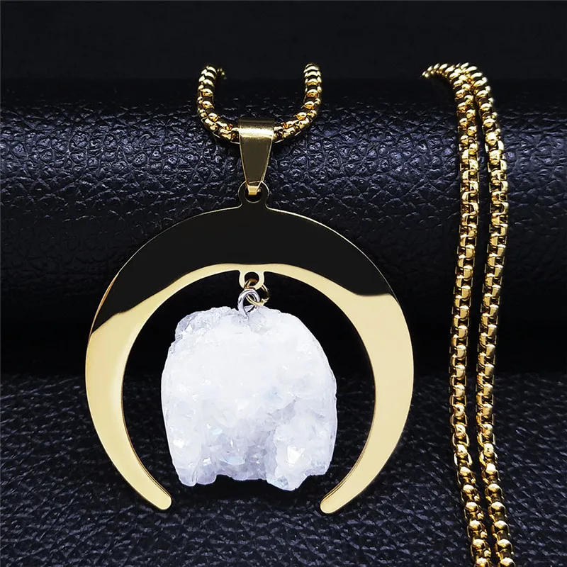 

2021 Boho Moon Chocker Necklace Stainless Steel Natural Crystal Gold Color Long Necklaces Women Jewelry bijoux femme NXS04