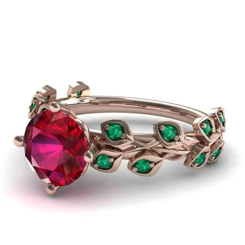 

Creative Green Leaves Shape Rings For Women Red CZ Stone Inlay Finger Rings Fashion Engagement Jewelry Rose Gold Wedding Band