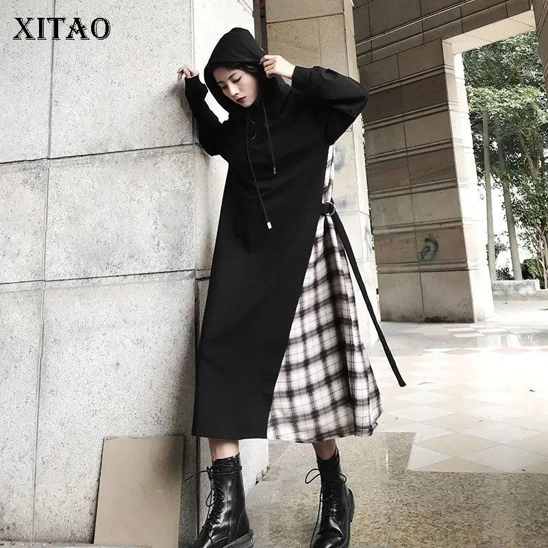 XITAO популярное цветное модное платье с капюшоном воротником свободным длинным