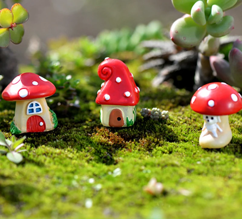 3pcs Cartoon Mushroom House Figurines Fairy Garden Miniature Resin Craft Dollhouse Bonsai Decor Terrarium Jardin Decoracion - купить по