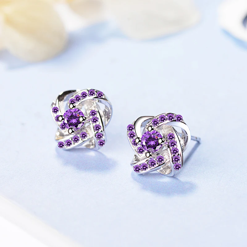 

Cute Romantic Clover Flower Stud Earrings Shiny Purple Crystal Paved Twisted Tiny Earring Stud Piercing Female Earring Jewelry