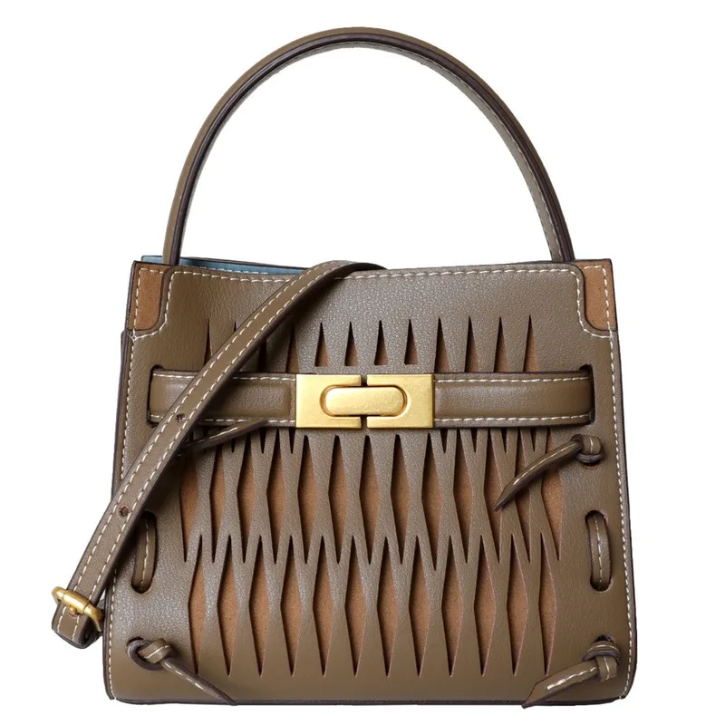 

2021 Portable Multi-compartment Large-capacity Commuter Bag Cowhide Lock Buckle Hollow One-shoulder Diagonal Leather Handbag