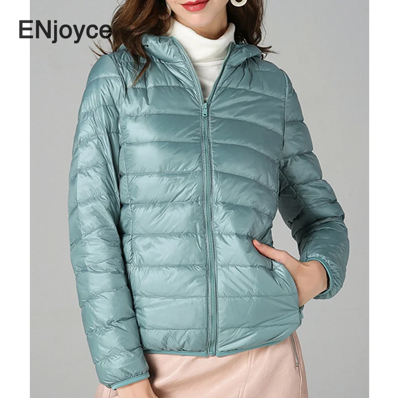ENjoyce женская зимняя тонкая белая утиная толстовка с капюшоном пуховики легкие