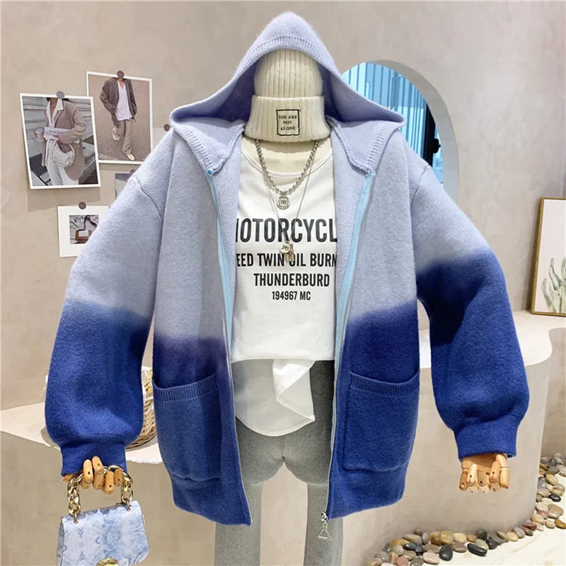 

Niche Design New Women's Clothing 2021 Gradient Tie Dyed Hooded Sweaters Tops Knitted Cardigan Sweater Jumper Soft Warm Pull