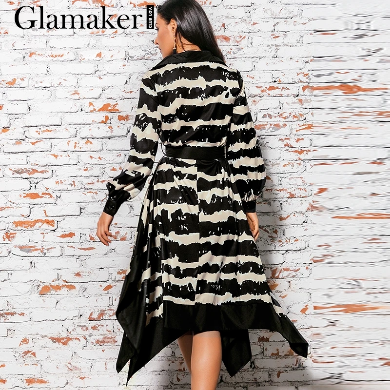 Glamaker асимметричное Полосатое длинное платье с принтом женский пояс, неподшитый край, длинный рукав, элегантное платье осень-зима, вечерние, сексуальные платья