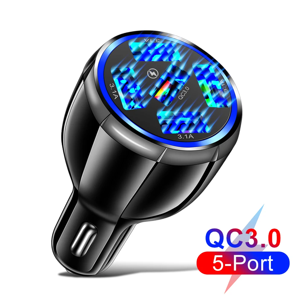 5 Ports USB A Car Charger QC 3.0 Plug 3A Fast Charging Phone Charge Adapter 12-32V Car Cigarette Lighter For iPhone 12 Redmi 10