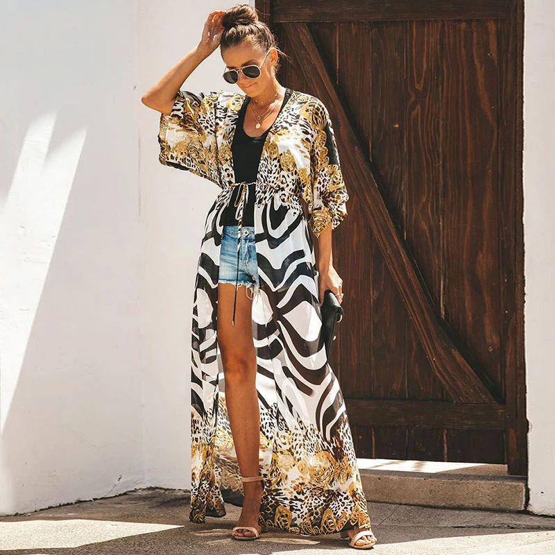 

Leaves Print Bikini Beach Cover up Tunics for Beach Long Kaftan Bikini Cover up Robe de Plage Sarong Beach Swimsuit cover-ups