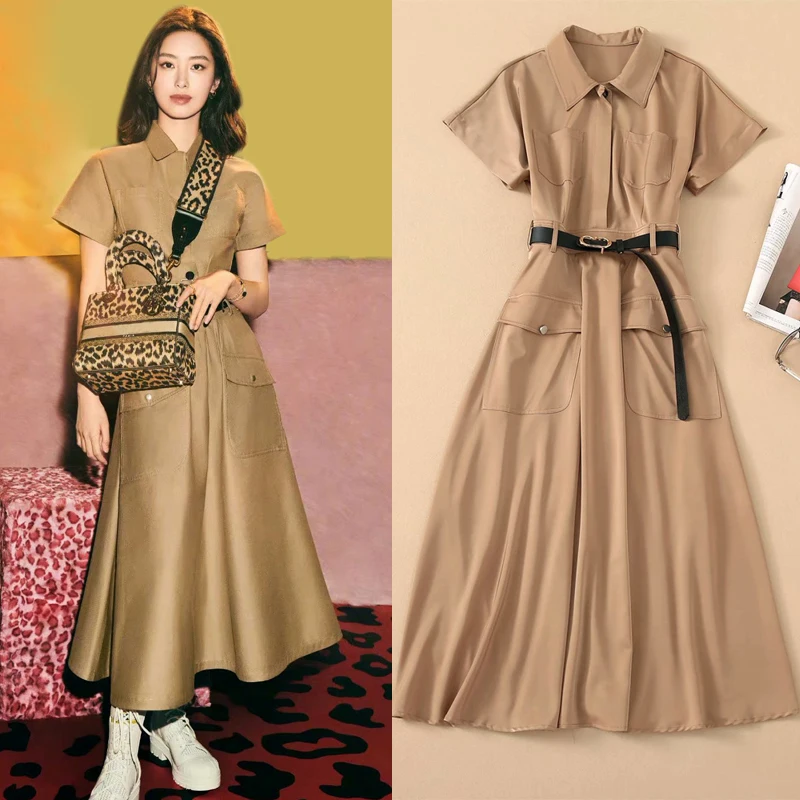 

New same short sleeve pocket belt slim imported acetic acid medium length solid color dress