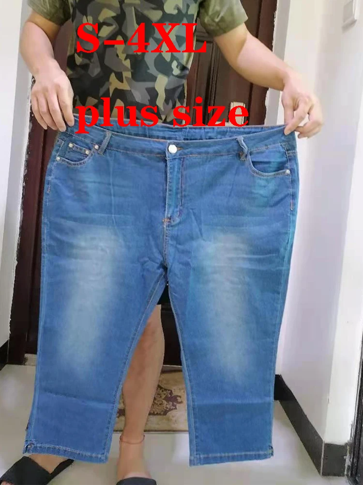 4XL размера плюс джинсы женские брюки Капри летние бриджи до середины талии