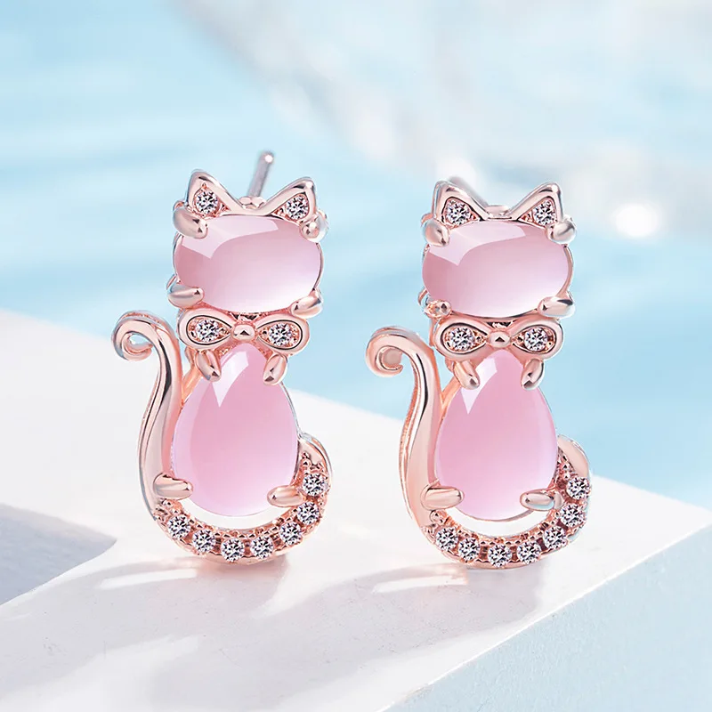

KOFSAC Cute 925 Sterling Silver Earrings For Women Gifts Fashion Crystal Pink Cats Rose Gold Earring Girl Valentine's Day Gifts