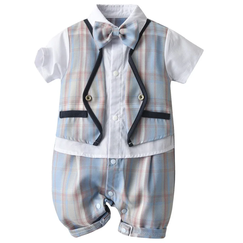 

Baby Newborn Rompers Boys Short-sleeve Clothes Plaid Vest Gentleman Jumpsuit 6-24 Months Boy Costume First Birthday Gift Party