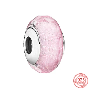 New 925 Sterling Silver Women Festival Jewelry Pink Faceted Glass Beads Fit Original Pandora Bracelet Bangles Charm Pendant Gift