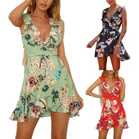 hot sales%ef%bc%81%ef%bc%81%ef%bc%81new arrival bohemia summer beach women flower print ruffled v neck sleeveless mini dress