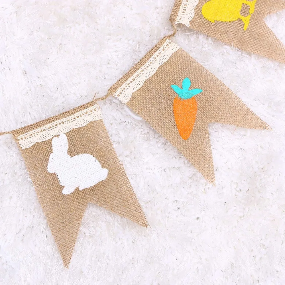 

Rabbit Carrot Natural Burlap Bunting Banner for Easter Birthday Party Decoration