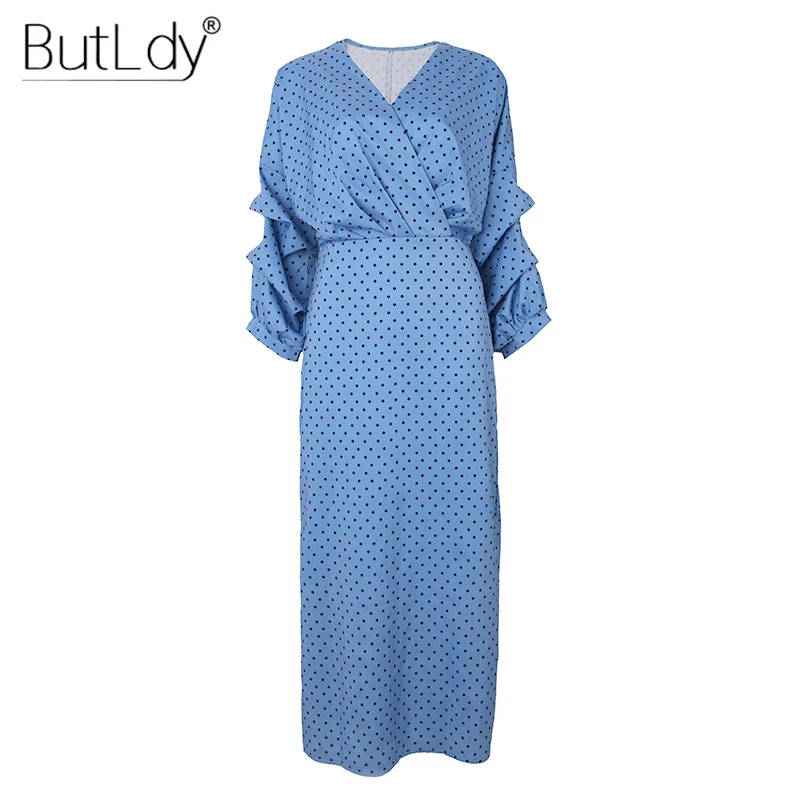 Женское платье в горошек с принтом синее повседневное винтажное длинное средней