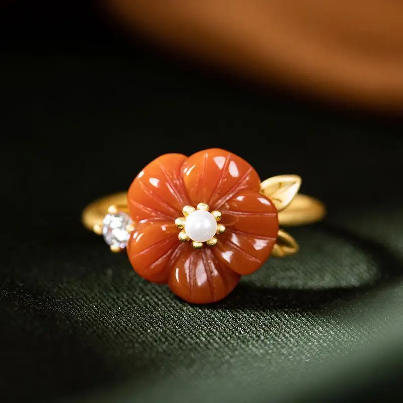 

Original S925 Sterling Silver Vintage Plum Blossom Natural South Red Agate S925 Sterling Silver South Red Lady Opening Ring Ring