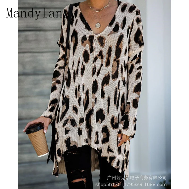 

Mandylandy Women's Sexy Leopard Print Shirt Top Lady Elegant Fashion Autumn Long Sleeve V Neck Loose T-shirt