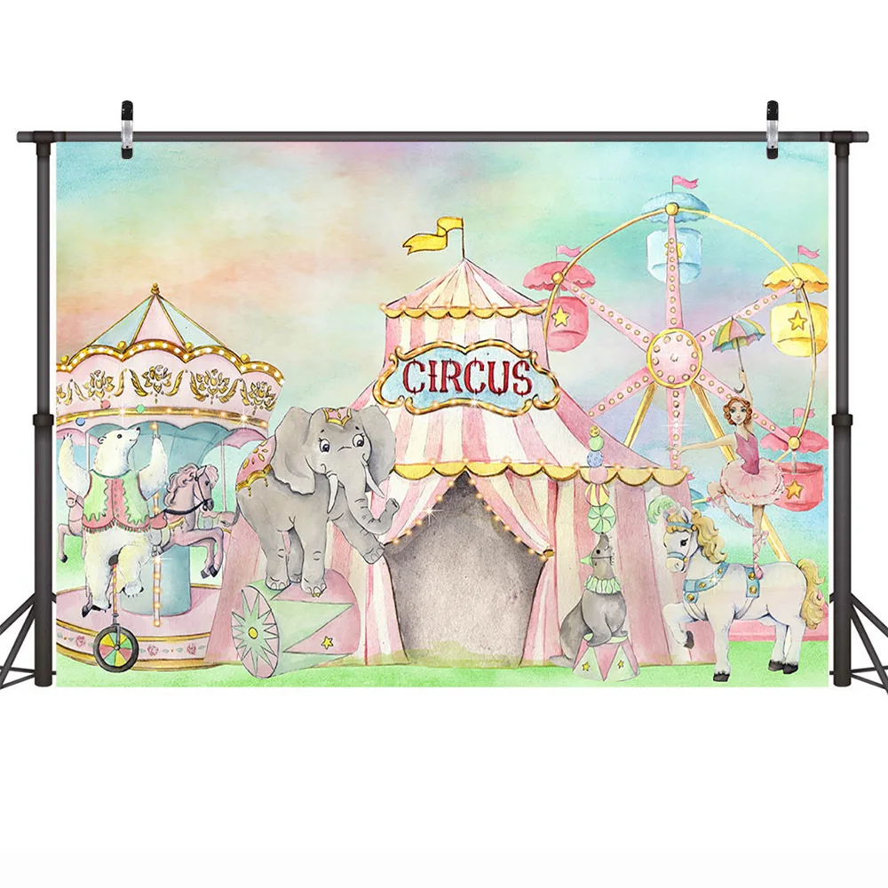 

Circus Children Portrait Backdrop Photography Birthday Party Background Decor Acrobats Animals Elephant Ferris Wheel Photo Shoot