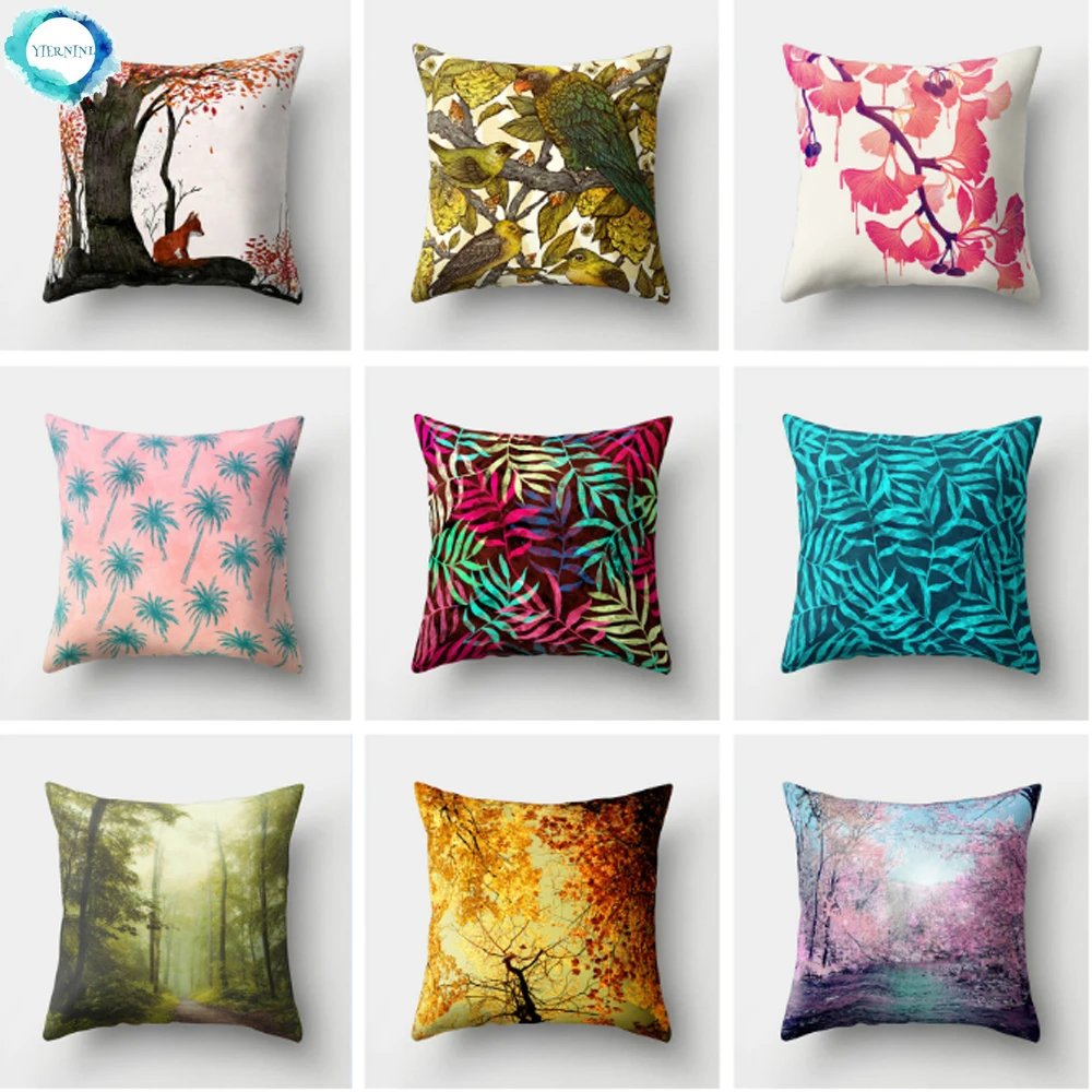 

Тропический зеленый завод листья деревьев цветок чехол для подушки из полиэстера Декоративная Подушка Чехол для домашнего декора 45X45CM Fundas ...
