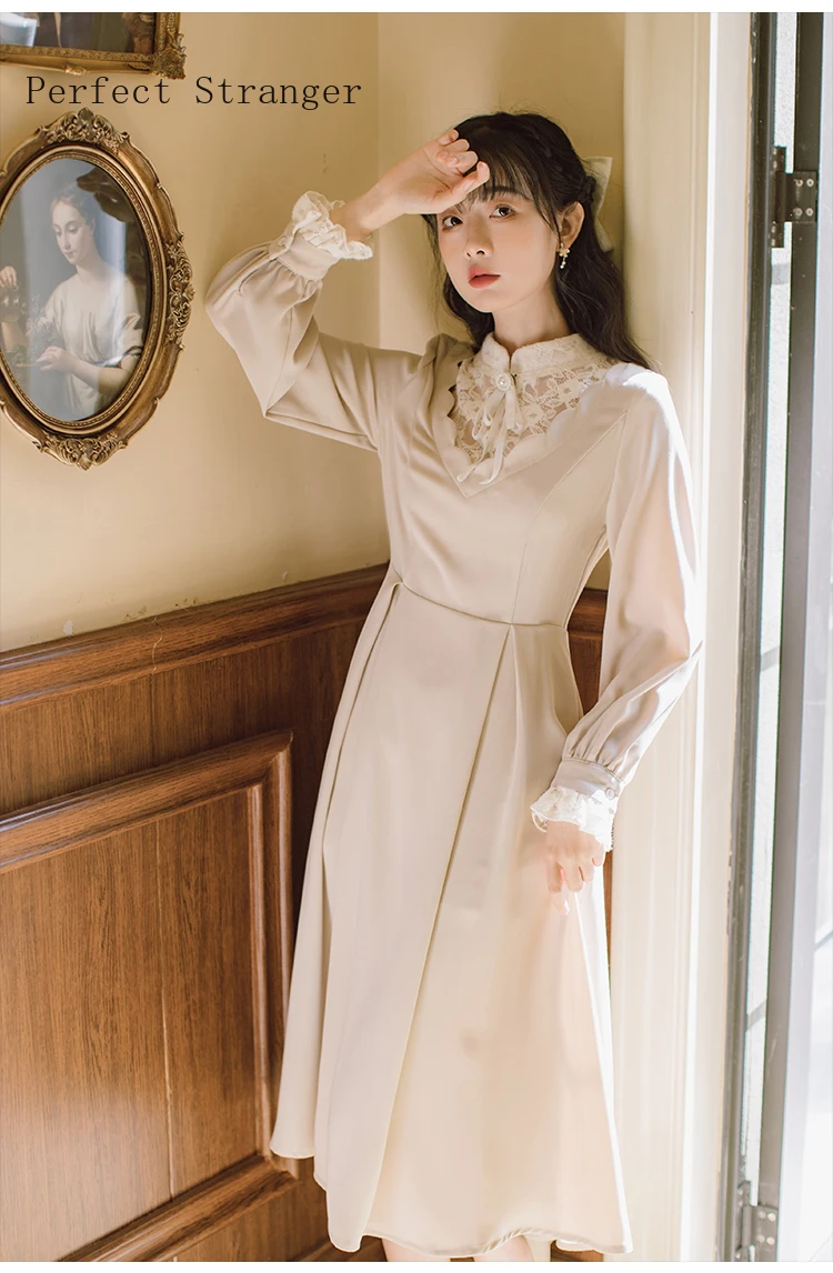 Женское длинное платье в стиле ретро кружевное с воротником стойкой и длинным