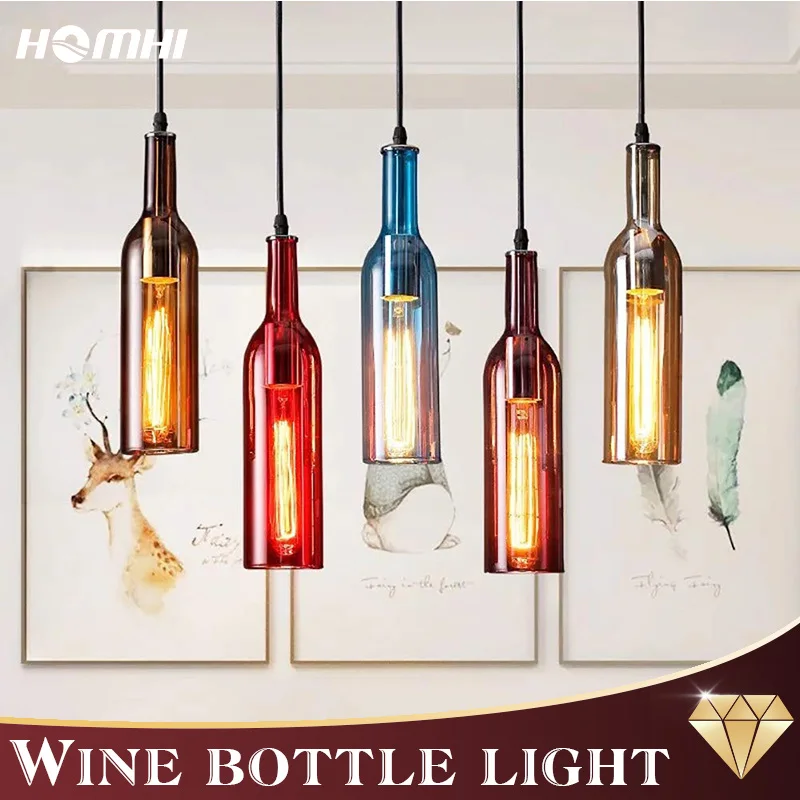 

Homhi Wine Bottle Hanging Lamp Bulbs Glass Modern Pendant Ceiling Chandelier Color Decoration Bar Table Light HPD-016