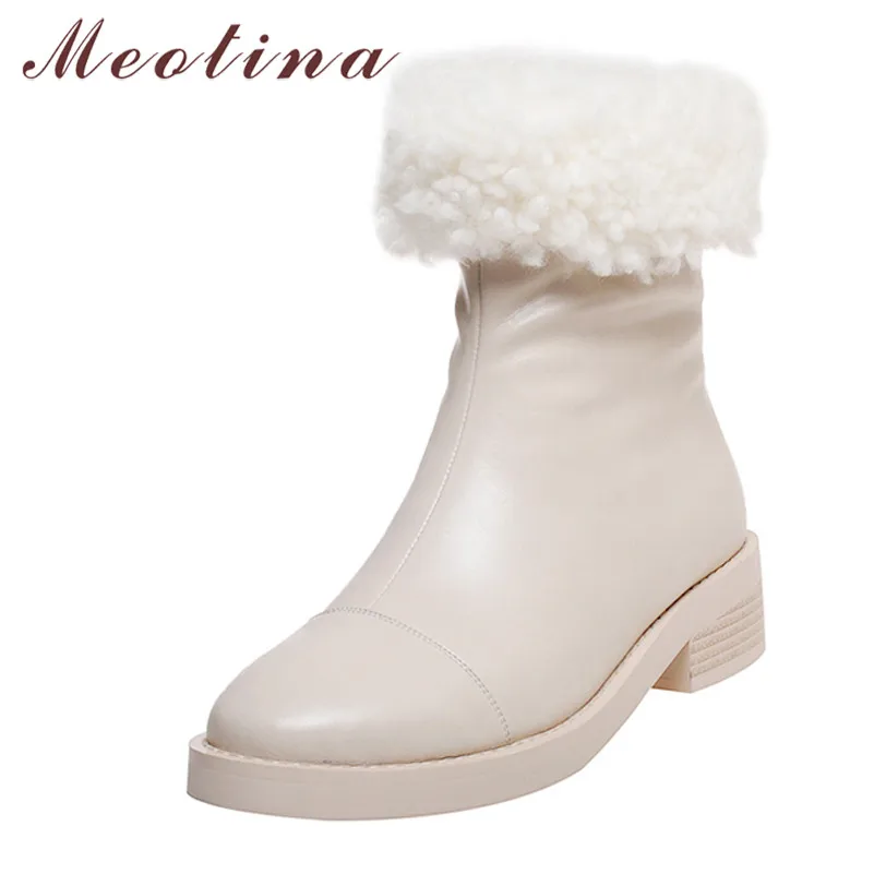 

Meotina Med Heel Ankle Boots Woman Snow Boots Platform Chunky Heel Shoes Zip Round Toe Ladies Short Boots Winter Beige Size 43