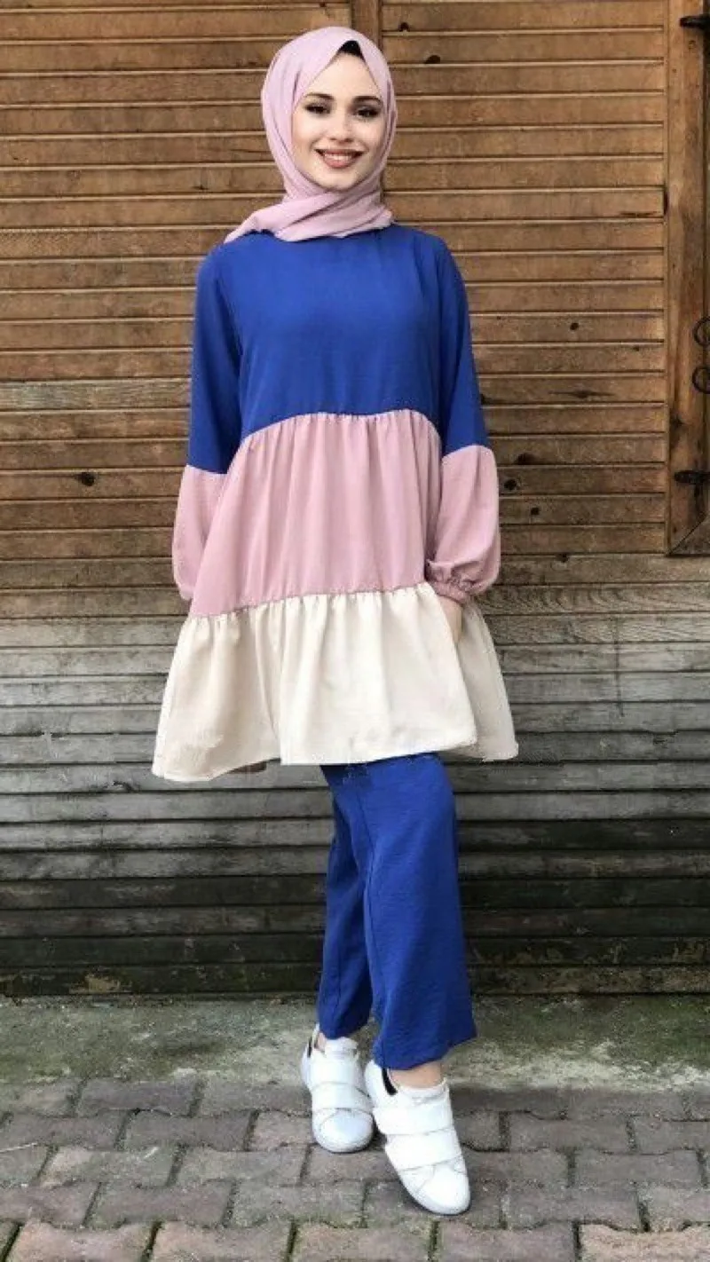 Мусульманский костюм Дубай Топы Брюки Турецкая блузка Женский синий желтый