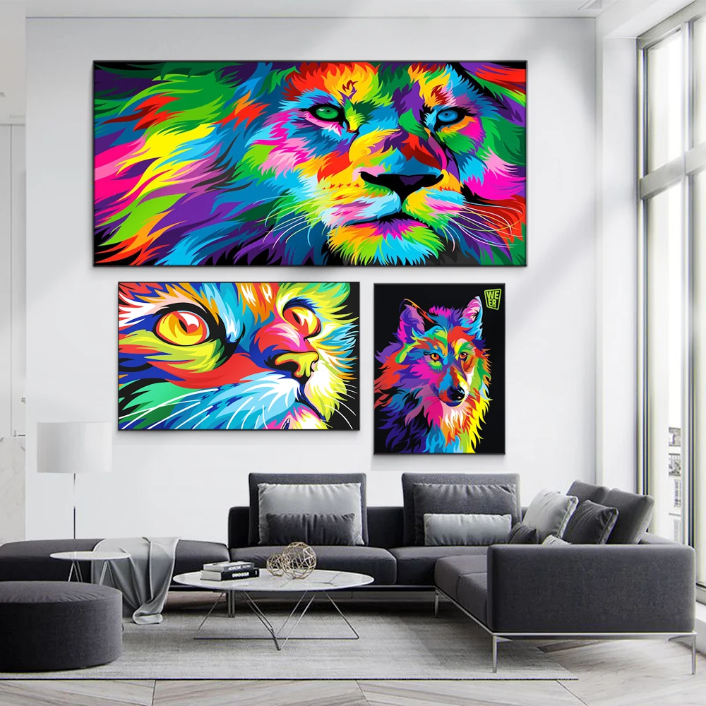 Абстрактная живопись Красочные животные Лев и собака картина для офиса гостиной