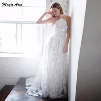 magic awn bohemian wedding dresses 2021 feather lace halter corset back beach a line white bridal gowns for women abito da sposa