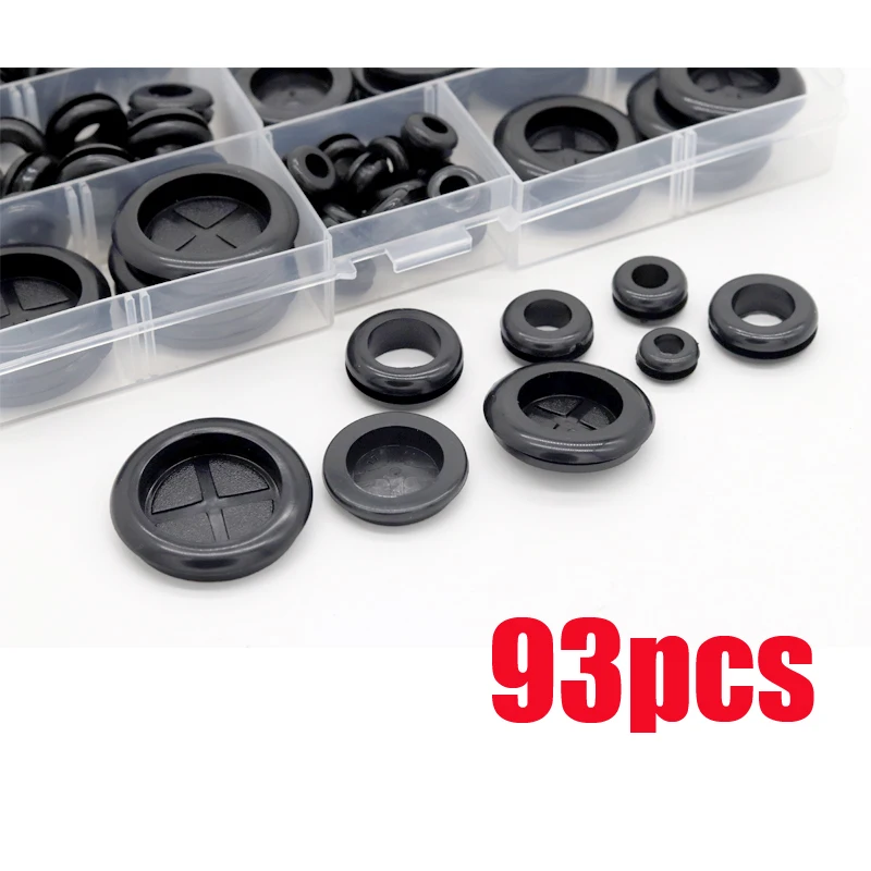 

93Pcs/box Rubber Grommet Gasket Kits for Wire Cable Black Assortment Set