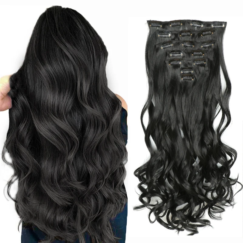 16clips Hairpiece Body Wave Synthetic Hair Extensions Clips in High Temperature Fiber Black Brown Women | Шиньоны и парики