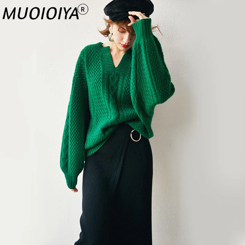 

Женский свитер, новинка 2018, зимний модный Повседневный Однотонный свитер с V-образным вырезом, теплый винтажный Свободный вязаный пуловер с ...