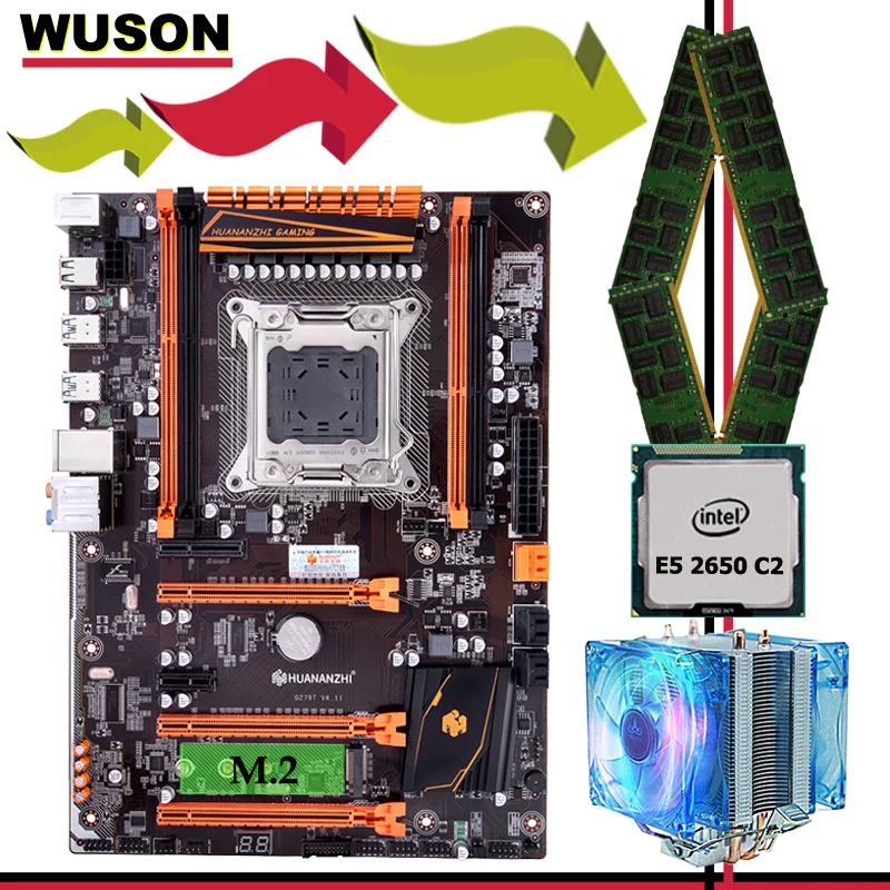 Брендовая материнская плата HUANANZHI deluxe X79 с M.2 NVMe CPU Xeon E5 2650 C2 кулером ОЗУ 16 Гб (4 х4 ГБ)