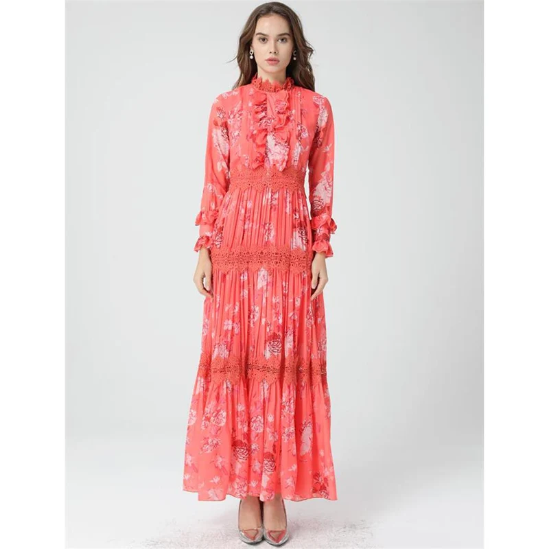 

Женское модельное платье макси высокого качества с воротником-стойкой и длинными рукавами, повседневные длинные лоскутные платья с принто...