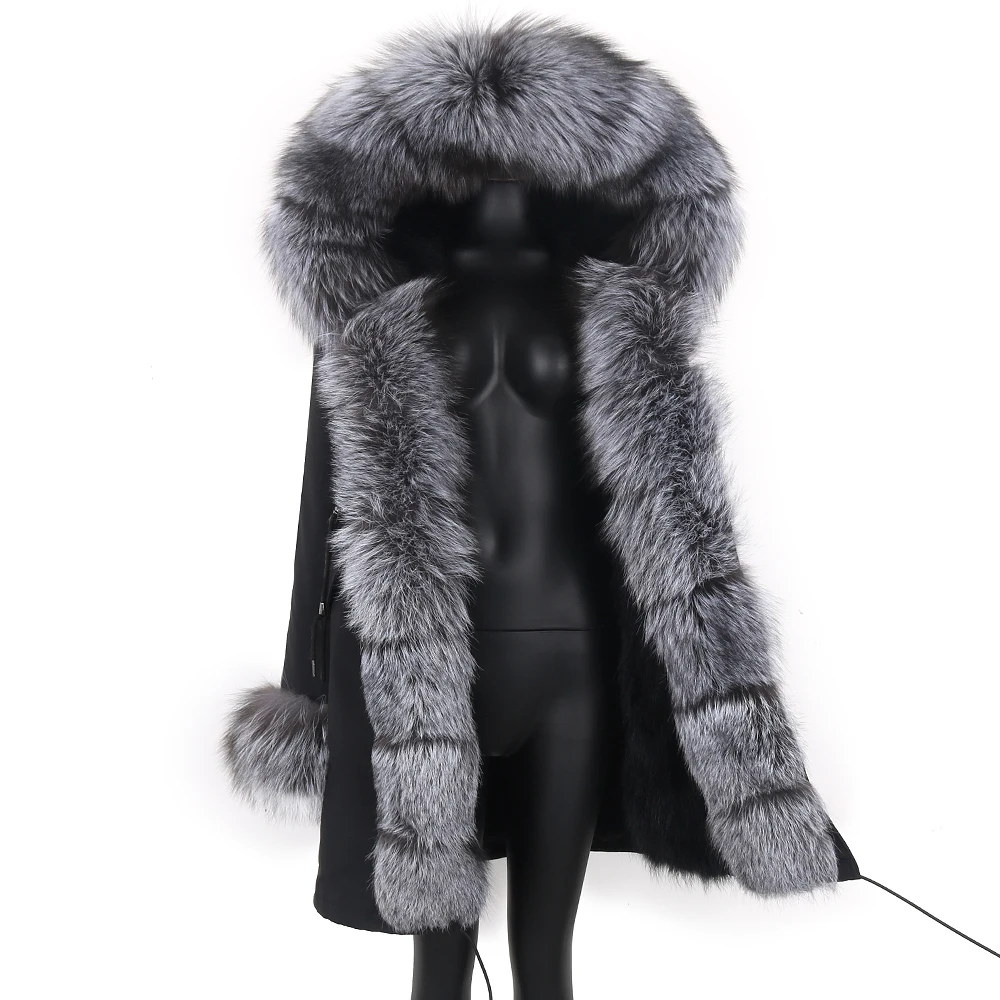 2022 Fashion Big Fur Outerwear Detachable Winter Jacket Women Real Fur Liner Natural Real Silve Fur Collar Loose Long Parkas