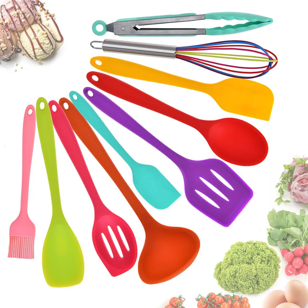 Многоцветный 9/10/12 Pcs Silicone Cooking Tools Kitchen Utensils Set Bamboo Handles Cooking Tool None Toxic Kitchen Gadgets Nonstick Cookware - Цвет: Многоцветный