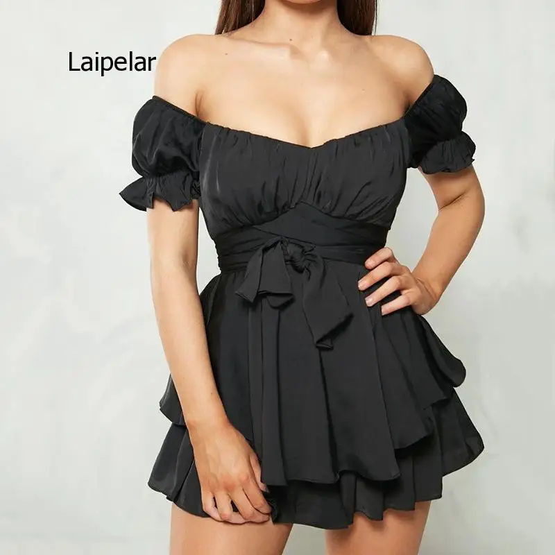 Женское платье с открытыми плечами и поясом повседневное винтажное однотонное