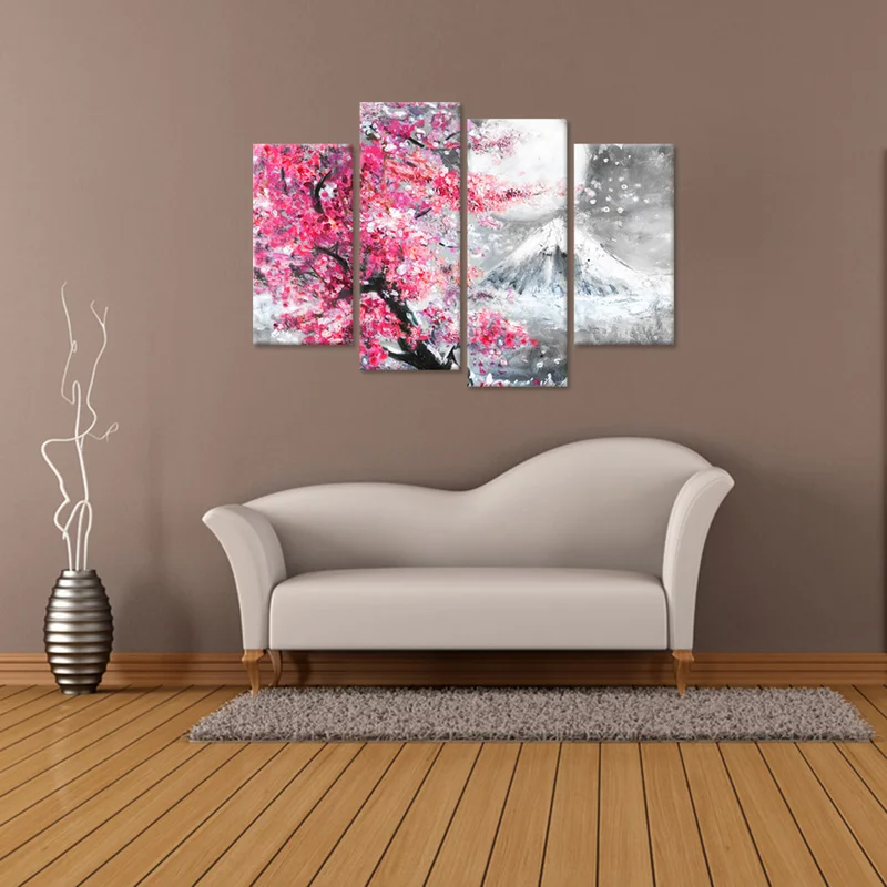 

4 Pieces Canvas Print Wall Art Painting For Home Decor Peak Of Mount Fuji With Pink Cherry Sakura Blossom In Spring Landscape