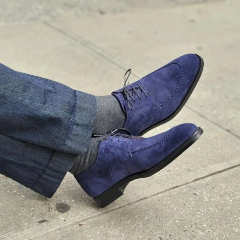 

Men Fashion Trend Retro All-match Banquet Dress Shoes Blue Suede Classic Round Toe Lace-up Business Casual Oxford Shoes HL776